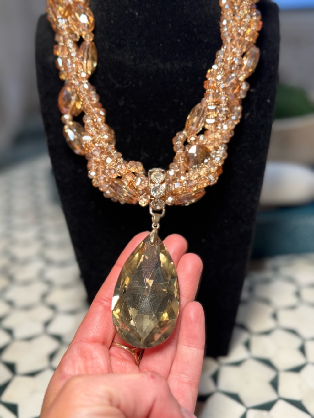 ⚜️ Gold Crystal Braided Statement Necklace with Teardrop Pendant ⚜️ - Picture 2 of 3